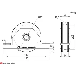 Vodiace koliesko ø 90mm pre zapustenie do jokla dvojložisková Combi Arialdo, pre profil C902/20, nosnosť 390kg