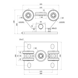 Vozík PICCOLO profil 67 x 67 mm pre brány do 200 kg, nerez