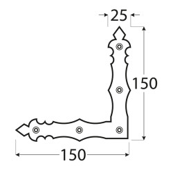 Dekoratívny/ozdobný rohovník 150x150x25mm, 2.5mm, čierne práškovanie, počet 5.0mm dier-5ks
