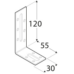 Uholník nastaviteľný 120x55x30mm, 2,0mm, pozink, diery 5mm-10ks, otvory 6,5/58,5mm-1ks, 8,5/21,5mm-1ks