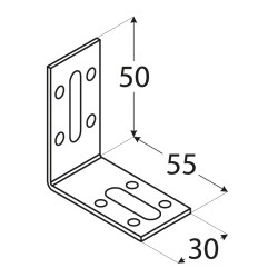 Uholník nastaviteľný 50x55x30mm, 2,0mm, pozink, diery 5mm-8ks, otvory 6,5/23mm-1ks, 8,5/21,5mm-1ks