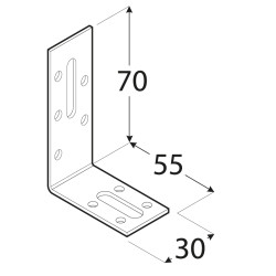 Uholník nastaviteľný 70x55x30mm, 2,0mm, pozink, diery 5mm-9ks, otvory 6,5/23mm-1ks, 8,5/21,5mm-1ks