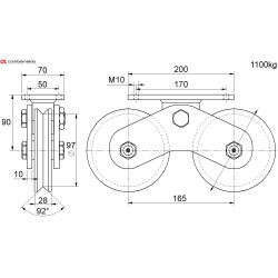 Vodiaca kladka dvojložisková ø 120mm Combi Arialdo, nosnosť 1100 kg, Zn, V-profil