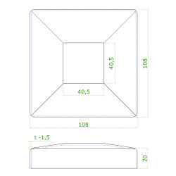 Kryt spodnej príruby (108x108/25x1.5mm), otvor: 40.5x40.5mm, na profil 40x40mm, brúsená nerez K320 /AISI304