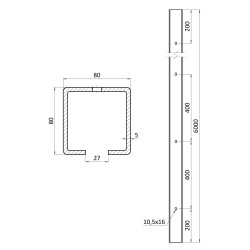 C profil 80x80x5mm s otvormi, pozinkovaný, dĺžka 5m