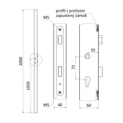 Profil 60x40x1,5mm H-2000mm so zapusteným zámkom, vhodný pre rám bránky, bez povrchovej úpravy
