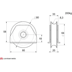 Vodiace koliesko  ø 80mm na privarenie Combi Arialdo, pre profil C902/16, nosnosť 200kg