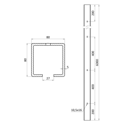 C profil 80x80x5mm s otvormi, pozinkovaný pre samonosný systém posuvnej brány