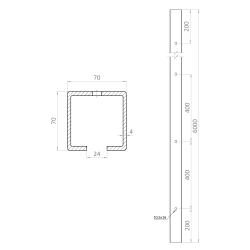 C profil 70x70x4mm s otvormi, pozinkovaný, dĺžka 4m