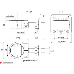 Záves nastaviteľný M22 na upnutie štvorhranu 30x30mm, platňa 100x100mm