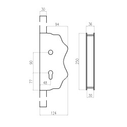 Kazetová zostava pre bránku 250x125x30mm, otvor pre kľučku ø 20mm, na profil 30x30mm, zdobená, pre zámok ZM90/80