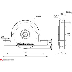 Vodiace koliesko ø 80mm pre zapustenie do jokla Combi Arialdo, pre profil C902/16, nosnosť 200kg