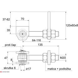 Combi Arialdo navárací záves M20, otvárateľný 180°, nastaviteľný 2D, čiastočne pozinkovaný