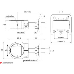 Záves nastaviteľný M22 na upnutie štvorhranu 40x40mm, platňa 100x100mm