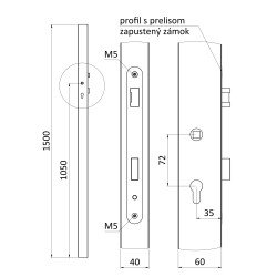 Profil 60x40x1,5mm H-1500mm so zapusteným zámkom s roztečou 72mm, vhodný pre rám bránky, bez povrchovej úpravy