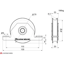 Vodiace koliesko ø 70mm pre zapustenie do jokla Combi Arialdo, pre profil C902/16, nosnosť 190kg