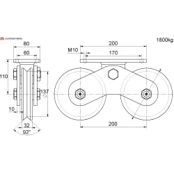 Vodiaca kladka dvojložisková ø 160mm Combi Arialdo, nosnosť 1800 kg, Zn, V-Profil
