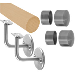 Madlo drevené (1500mm), materiál: buk, brúsený povrch bez náteru, set: 2 ks úchyt, madlo s nerezovým ukončením