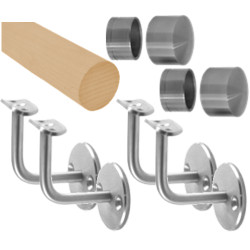 Madlo drevené (2750mm), materiál: buk, brúsený povrch bez náteru, set: 4 ks úchyt, madlo s nerezovým ukončením