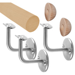 Madlo drevené (2250mm), materiál: buk, brúsený povrch s náterom BORI (bezfarebný), set: 3 ks úchyt, madlo s ukončením