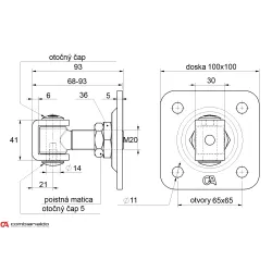 COMBI ARIALDO záves M20 s platňou 100 x 100 mm, otvárateľný 90°, nastaviteľný 1D, čiastočne pozinkovaný