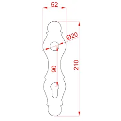 štít s otvormi 210x52x3mm, rozteč 90mm, otvor na kľučku ø20 mm