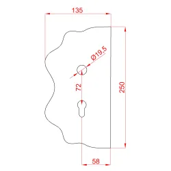 Štít 250x135x3mm s otvormi, rozteč 72mm, otvor pre kľučku ø 19,5mm, hladký, obojstranný (ľavý aj pravý), pre zámok ZMH331