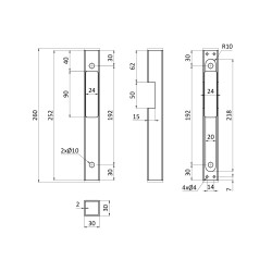 Set - dorazová kazeta pravá/lavá EZK310 (260x30x30 mm) + elektrický zámok EZ332 s lištou vhodná na rozteč zámku 90mm aj 72mm