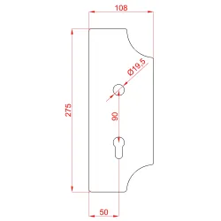 DOPREDAJ! Štít 275x108x3mm s otvormi, rozteč 90mm, otvor pre kľučku ø 19,5mm, pravý, pre zámok ZM90/80