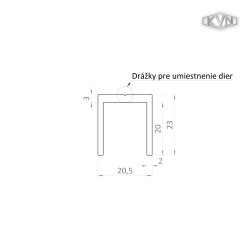 U profil 20,5x22mm, materiál EN AW-6060 T66, prírodný hliník bez povrchovej úpravy, cena za meter