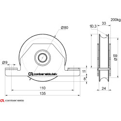 Vodiace koliesko ø 80mm pre zapustenie do jokla Combi Arialdo, pre profil C902/20, nosnosť 200kg