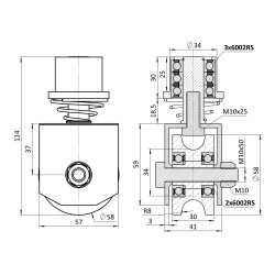 Otočné vodiace koliesko 58mm, pre U profil ø16mm