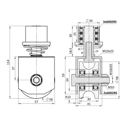 Otočné vodiace koliesko 58mm, pre U profil ø20mm