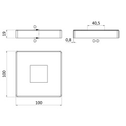 Kryt spodnej príruby (100x100mm /19x0,8mm), otvor:40.5x40.5mm, brúsená nerez K320 /AISI304